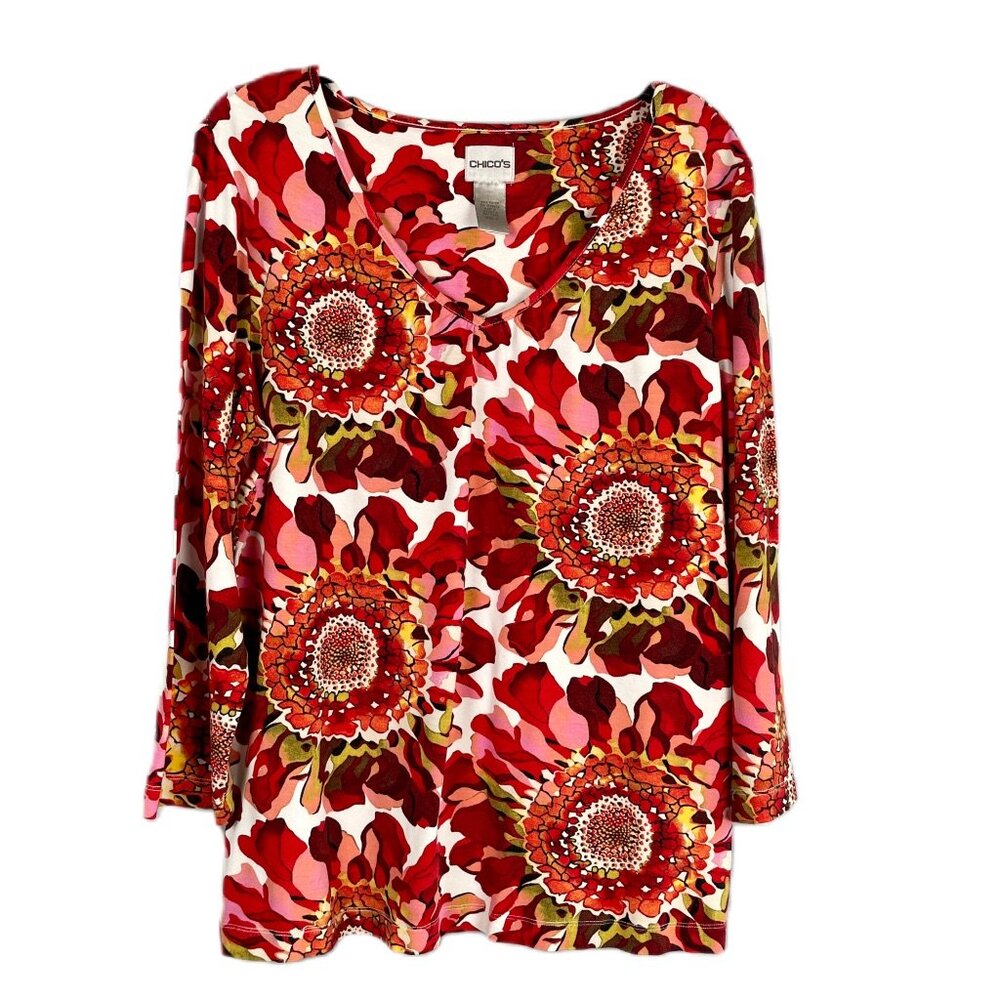 CHICO'S Floral V-Neck 3/4 Sleeve T-Shirt - Size 2 (L)